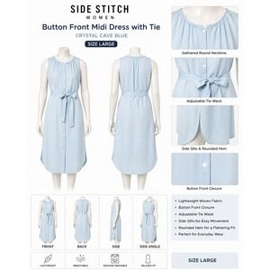 Side Stitch Crystal Cave Blue Lyocell‎ Button Front Midi Shirt Dress A640302